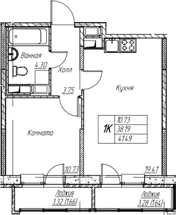 1-комнатная квартира 41.49 м², 21/22 эт., ЖК «Парк-квартал Юнтолово»